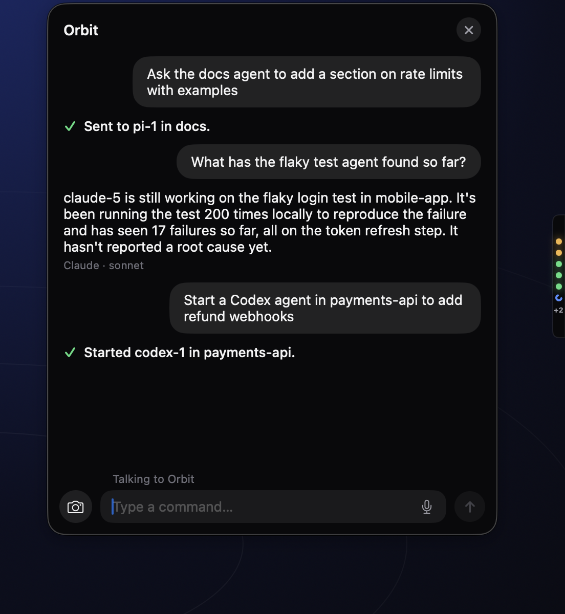 The Talk panel: a spoken request being routed to the right agent